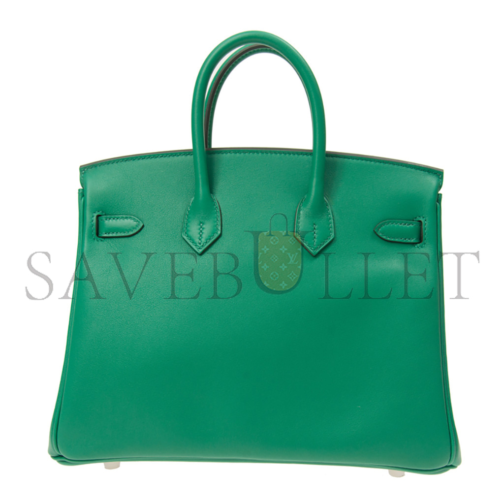 HERMÈS BIRKIN 25 SWIFT LEATHER VELVET GREEN SILVER BUCKLE H049362CK17 (25*20*13cm)